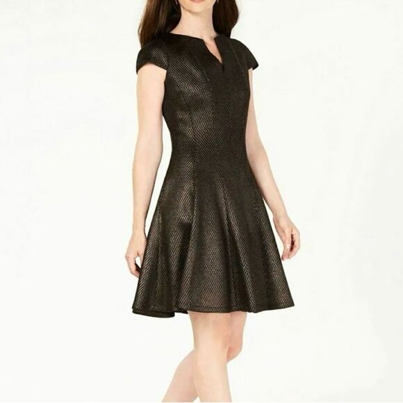 julia jordan Dresses & Skirts - Julia Jordan Fit and Flare Split Neck Mesh Metallic Dress Black Gold Size 10